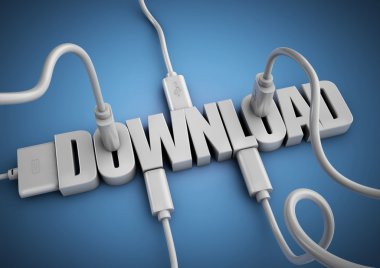 Kelime 'İndir' kavramı karşıdan yükleme verilerinden, apps ve internetten bilgi için bilgisayar kabloları ve fişleri ekleme.