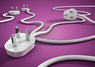 Electical kabloları ve fişleri ve birbirinin mor pürüzsüz bir yüzey üzerinde yatıyordu. Kavramı için tüketiciler tarafından elektrik ve güç kullanım.