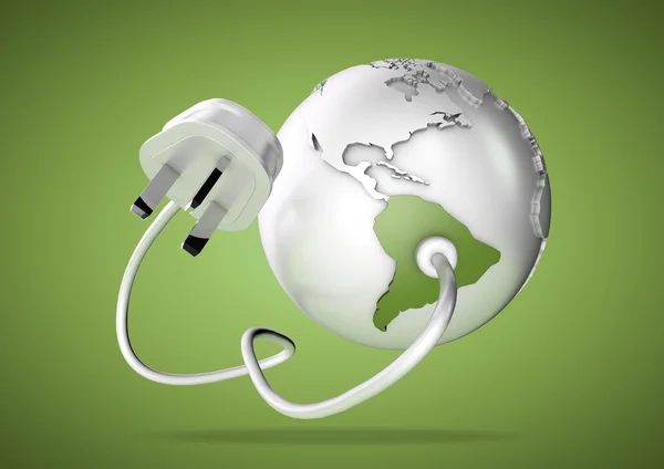 Electrical cable and plug connects power to South America on a world globe. Concept for how Brazil and Argentina consume electricity and energy and how they need to use renewable, green, alternative energy solutions like solar & wind turbine energy. — Stock Photo, Image