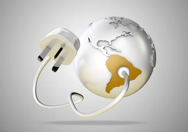 Electrical cable and plug connects power to South America on a world globe. Concept for how Brazil and Argentina consume electricity and energy and how they need to use renewable, green, alternative energy solutions like solar & wind turbine energy. — Zdjęcie stockowe