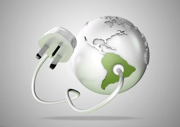 Electrical cable and plug connects power to South America on a world globe. Concept for how Brazil and Argentina consume electricity and energy and how they need to use renewable, green, alternative energy solutions like solar & wind turbine energy. — Stock fotografie
