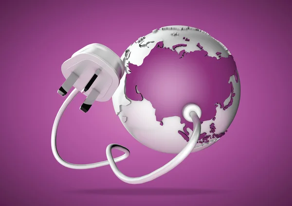 Electrical cable and plug connects power to asia on a world globe. Concept for how asia, china and russia consume electricty and energy and how they need to look for renewable, green, alternative energy solutions like solar energy or wind energy. — Stock Photo, Image