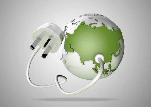 Electrical cable and plug connects power to asia on a world globe. Concept for how asia, china and russia consume electricty and energy and how they need to look for renewable, green, alternative energy solutions like solar energy or wind energy. — ストック写真
