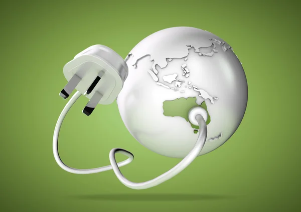 Electricity cable and plug connects to Australia on world globe and provides electricity to the Australian power grid. — Stock Photo, Image