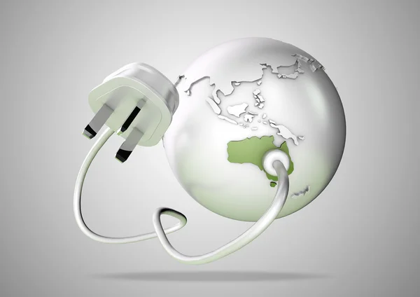 Electricity cable and plug connects to Australia on world globe and provides electricity to the Australian power grid. — Stock Photo, Image