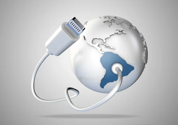 USB Cable connects to South America and supplies it with a connection to the internet, world wide web and social media. — Stock Photo, Image