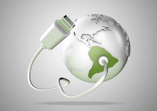 Cable USB se conecta a América del Sur y lo suministra con una conexión a Internet, la web mundial y las redes sociales . —  Fotos de Stock