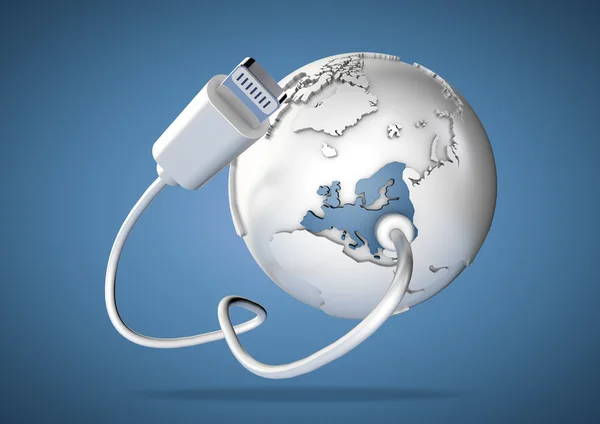 USB Cable connects to Europe, including the United kingdom, England and France, and supplies it with a connection to the internet, world wide web and social media. — Stock Photo, Image