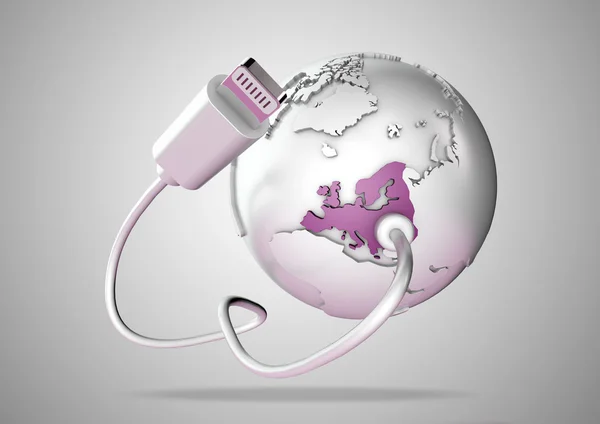 USB Cable connects to Europe, including the United kingdom, England and France, and supplies it with a connection to the internet, world wide web and social media. — Stock Photo, Image