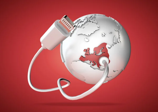 USB Cable connects to Europe, including the United kingdom, England and France, and supplies it with a connection to the internet, world wide web and social media. — Stock Photo, Image