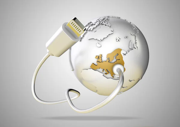 USB-кабель подключается к Европе, включая Великобританию, Англию и Францию, и обеспечивает его подключением к Интернету, всемирной паутине и социальным сетям . — стоковое фото