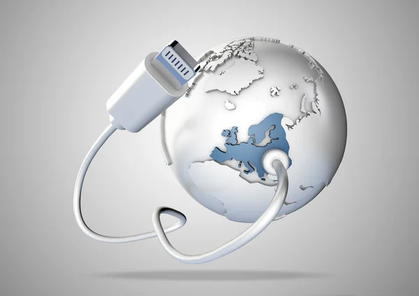 USB-кабель подключается к Европе, включая Великобританию, Англию и Францию, и обеспечивает его подключением к Интернету, всемирной паутине и социальным сетям . — стоковое фото