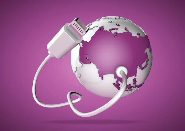 Cable USB se conecta a Asia, incluyendo India, Rusia y China y lo suministra con una conexión a Internet, la web mundial y las redes sociales . —  Fotos de Stock
