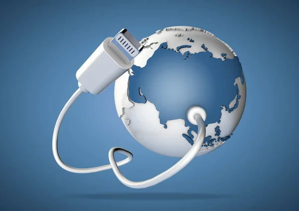 USB Cable verbindt naar Azië, waaronder India, Rusland en China en levert het een verbinding met het internet, world wide web en sociale media. — Stockfoto