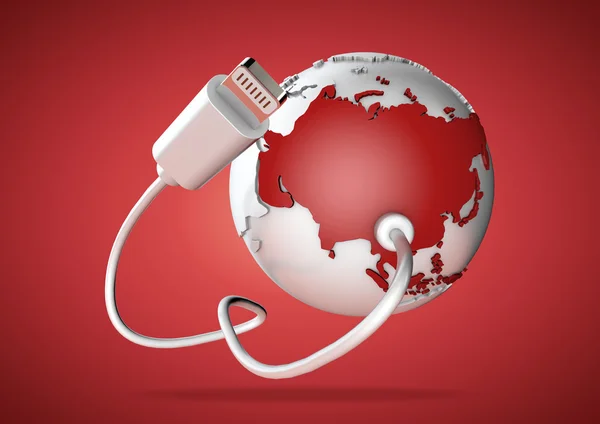 Cable USB se conecta a Asia, incluyendo India, Rusia y China y lo suministra con una conexión a Internet, la web mundial y las redes sociales . — Foto de Stock