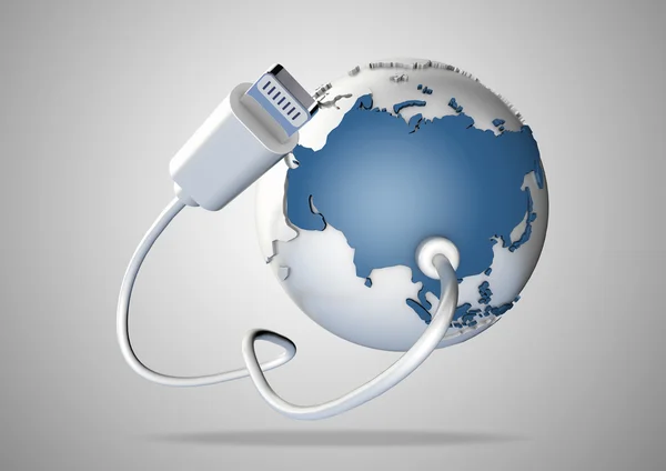 USB Cable connects to Asia, including India, Russia and China and supplies it with a connection to the internet, world wide web and social media. — Stock Photo, Image