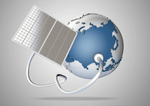 太阳能电池板供电，从太阳到亚洲。绿色动力源和世界能源供应的概念. — 图库照片
