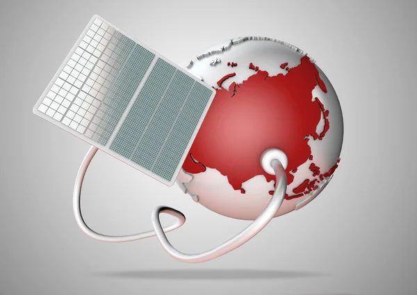 Solar panel supplies power from the sun to Asia. Concept for green power sources and energy supply to the world. — Stock Photo, Image