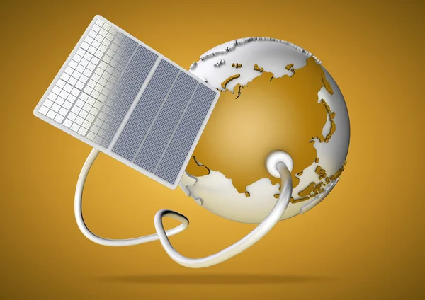 Solar panel supplies power from the sun to Asia. Concept for green power sources and energy supply to the world. — Stock Photo, Image