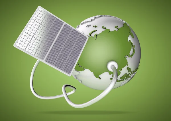 Solar panel supplies power from the sun to Asia. Concept for green power sources and energy supply to the world. — Stock Photo, Image