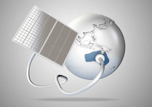 太阳能电池板供电，从太阳到澳大利亚。绿色动力源和世界能源供应的概念. — 图库照片