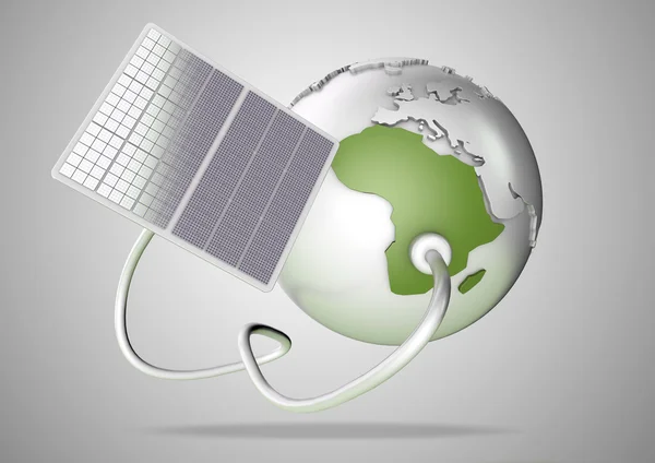 太阳能电池板供电，从太阳到非洲。绿色动力源和世界能源供应的概念. — 图库照片