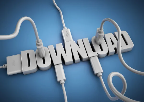 Kelime 'İndir' kavramı karşıdan yükleme verilerinden, apps ve internetten bilgi için bilgisayar kabloları ve fişleri ekleme.