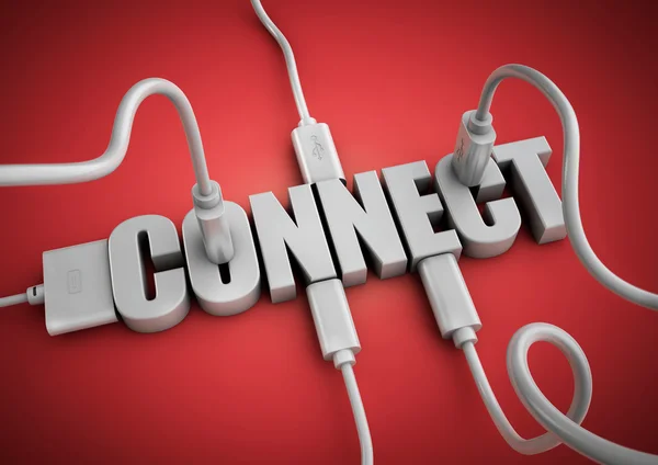 Computer cables and plugs attach to 3d text title Connect. — Stock Photo, Image