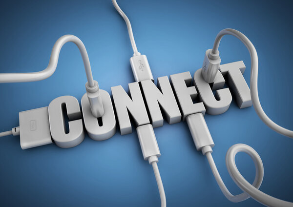 Computer cables and plugs attach to 3d text title Connect. 