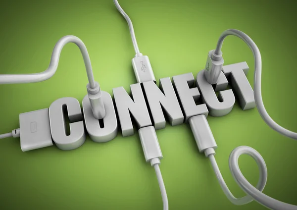 Computer cables and plugs attach to 3d text title Connect. — Stock Photo, Image