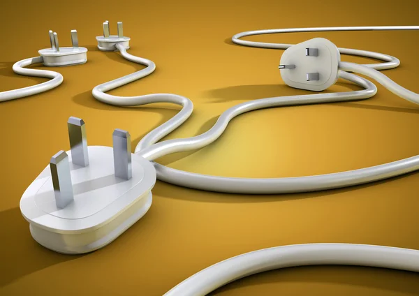 Electical kabloları ve fişleri ve birbirinin sarı pürüzsüz bir yüzey üzerinde yatıyordu. Kavramı için tüketiciler tarafından elektrik ve güç kullanım.