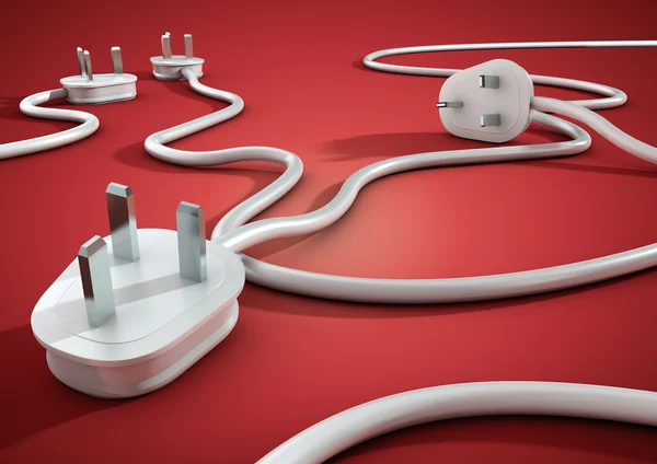 Los cables y enchufes eléctricos yacen sobre una superficie lisa roja y se superponen entre sí. Concepto de consumo de electricidad y energía por parte de los consumidores . — Foto de Stock