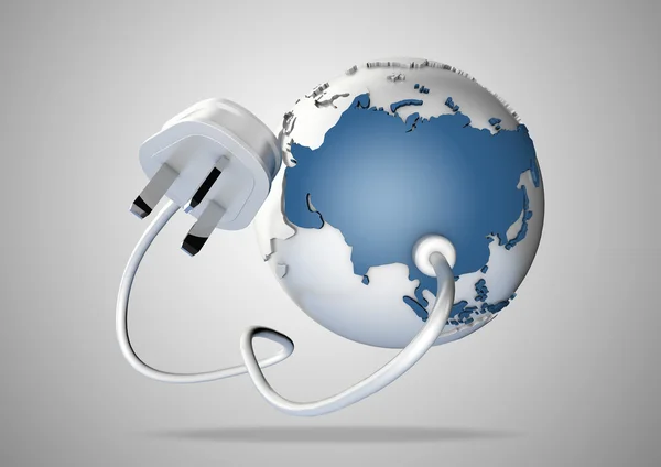 Electrical cable and plug connects power to asia on a world globe. Concept for how asia, china and russia consume electricty and energy and how they need to look for renewable, green, alternative energy solutions like solar energy or wind energy. — Stock Photo, Image