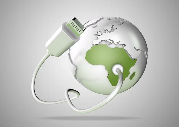 USB computer cable connects to the continent of Africa. Concept for providing internet and connectivity to Africa and the world. — Stock Photo, Image