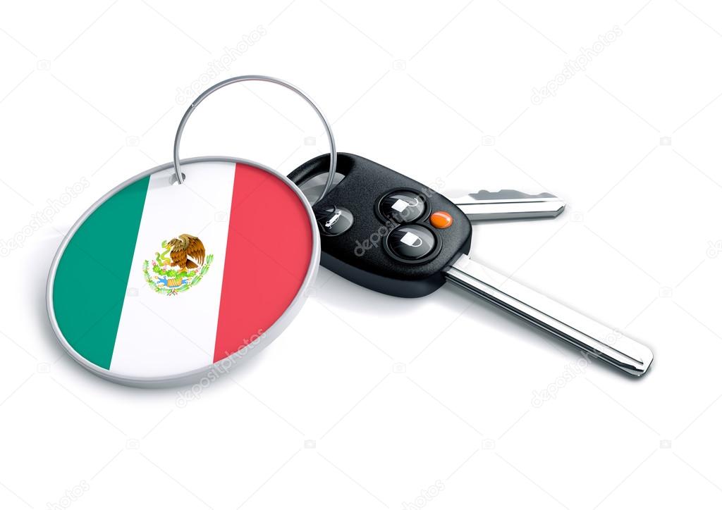 Set of car keys with keyring and country flag. Concept for car prices, buyer or selling a vehicle in Mexico