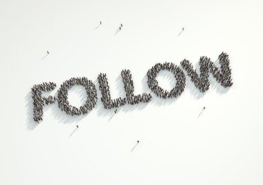 Aerial shot of a crowd of people forming the word 'Follow'. Conc