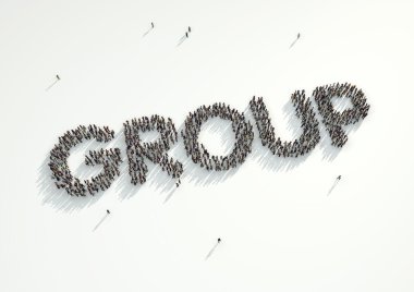 Aerial shot of a crowd of people forming the word 'Group'. Conce
