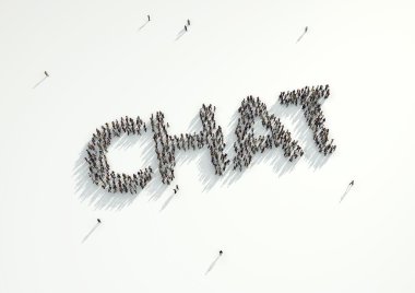 Aerial shot of a crowd of people forming the word 'Chat'. Concep