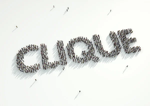 Luftaufnahme einer Menschenmenge, die sich versammelt und das Wort "Clique" bildet — Stockfoto