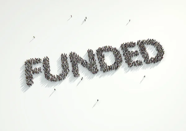 Aerial shot of a crowd of people forming the word Funded. Concep