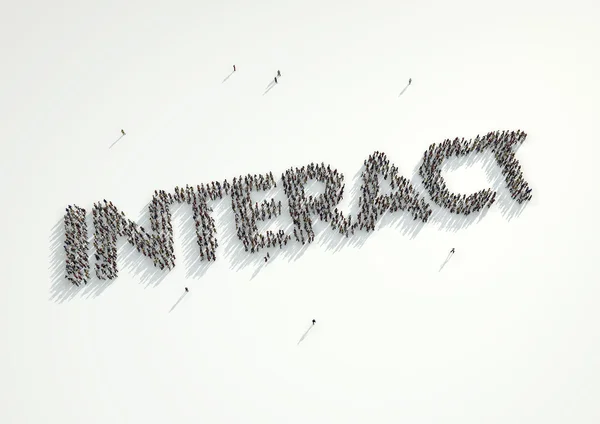 Filmagem aérea de uma multidão de pessoas formando a palavra 'Interact'. Co — Fotografia de Stock