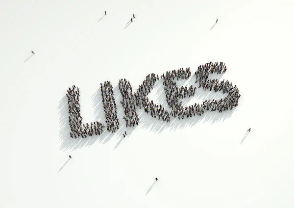 Aerial shot of a crowd of people forming the word 'Likes'. Conce — Stock Photo, Image