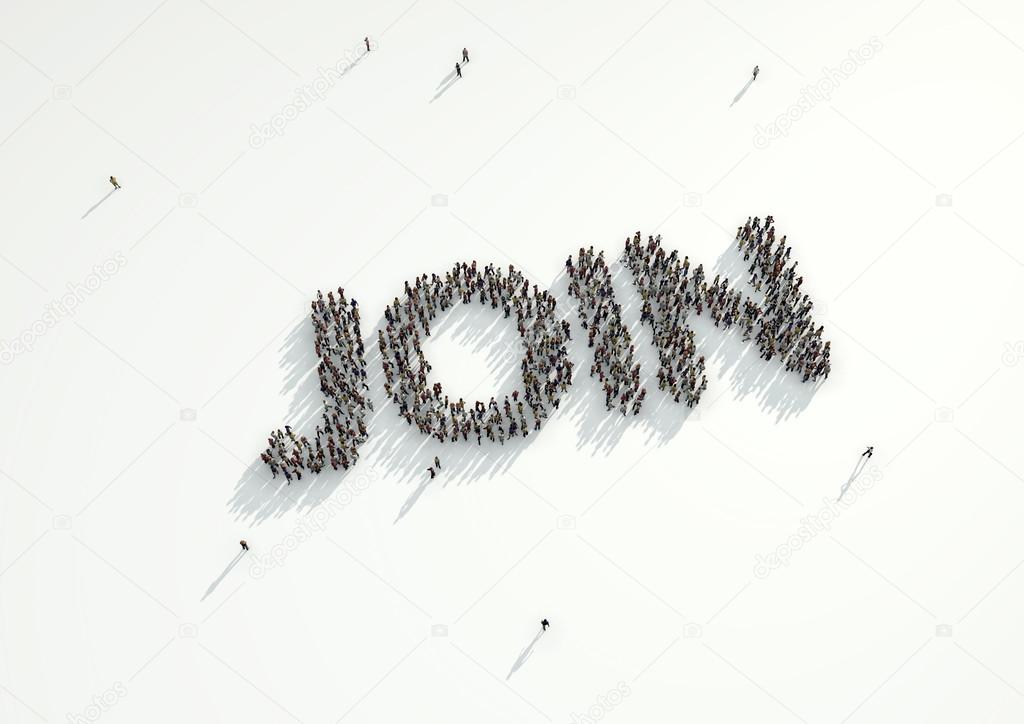 Aerial shot of a crowd of people forming the word 'Follow'. Conc