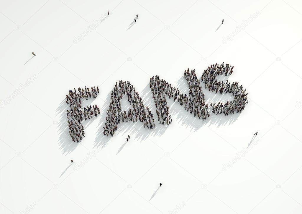 Aerial shot of a crowd of people forming the word 'Fans'. Concep
