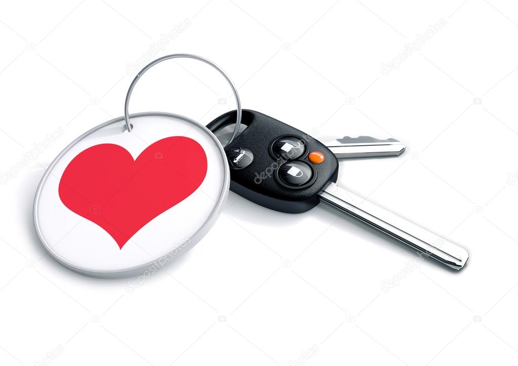 Set of car keys with keyring and red heart icon. Concept for how