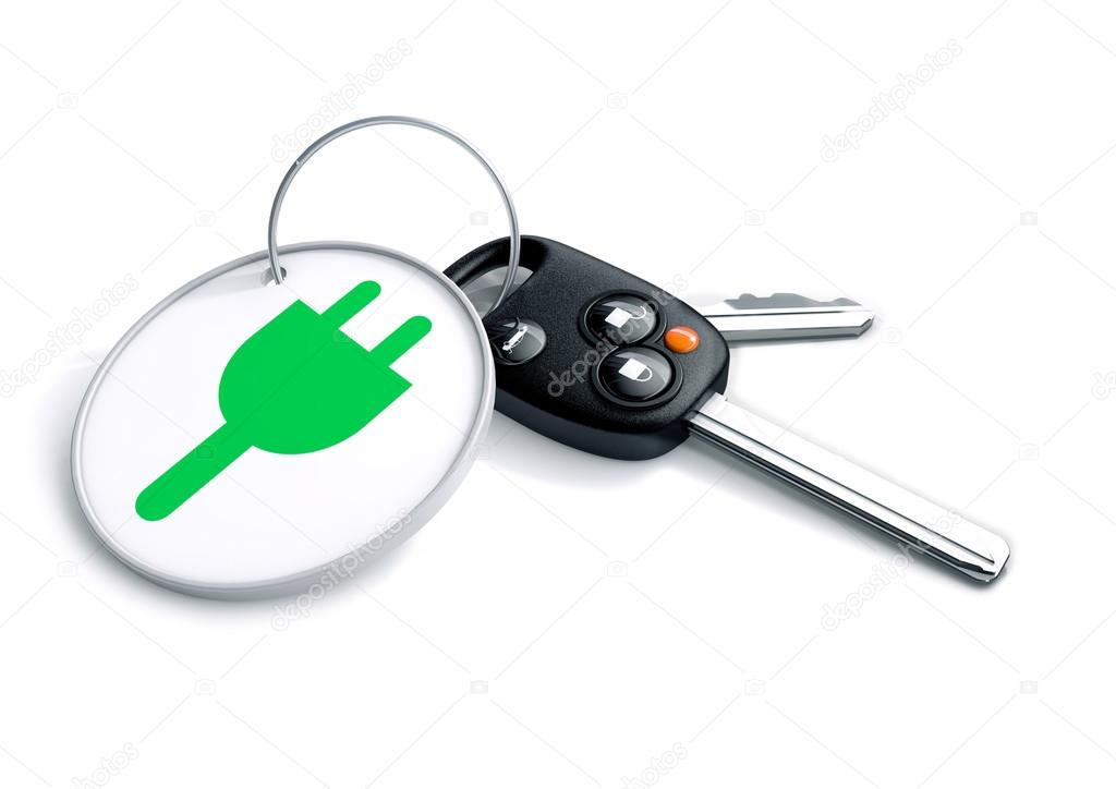 Set of car keys with keyring and electric power icon on it. Conc