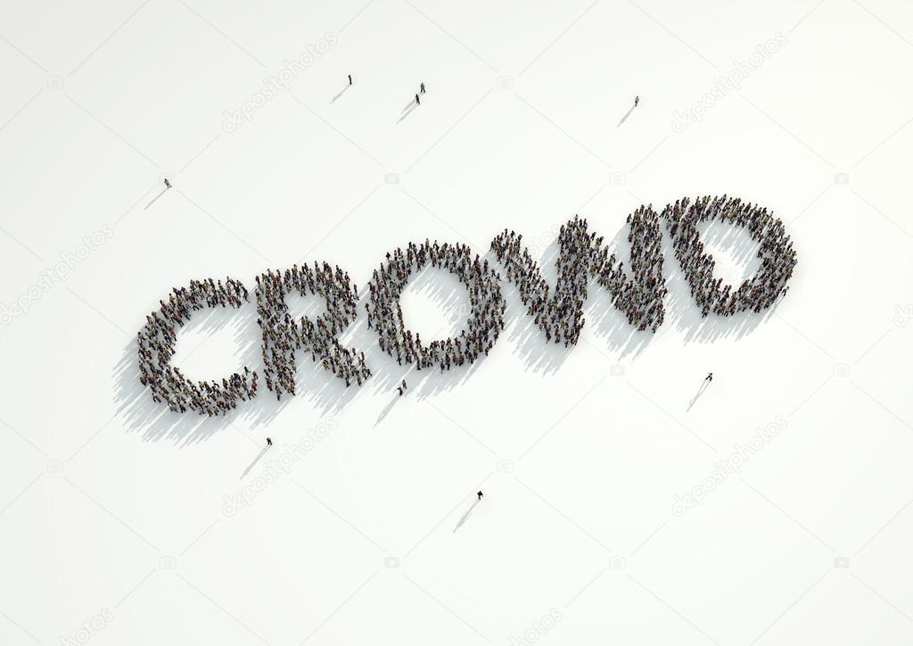 Aerial shot of a crowd of people forming the word Crowd. Concept