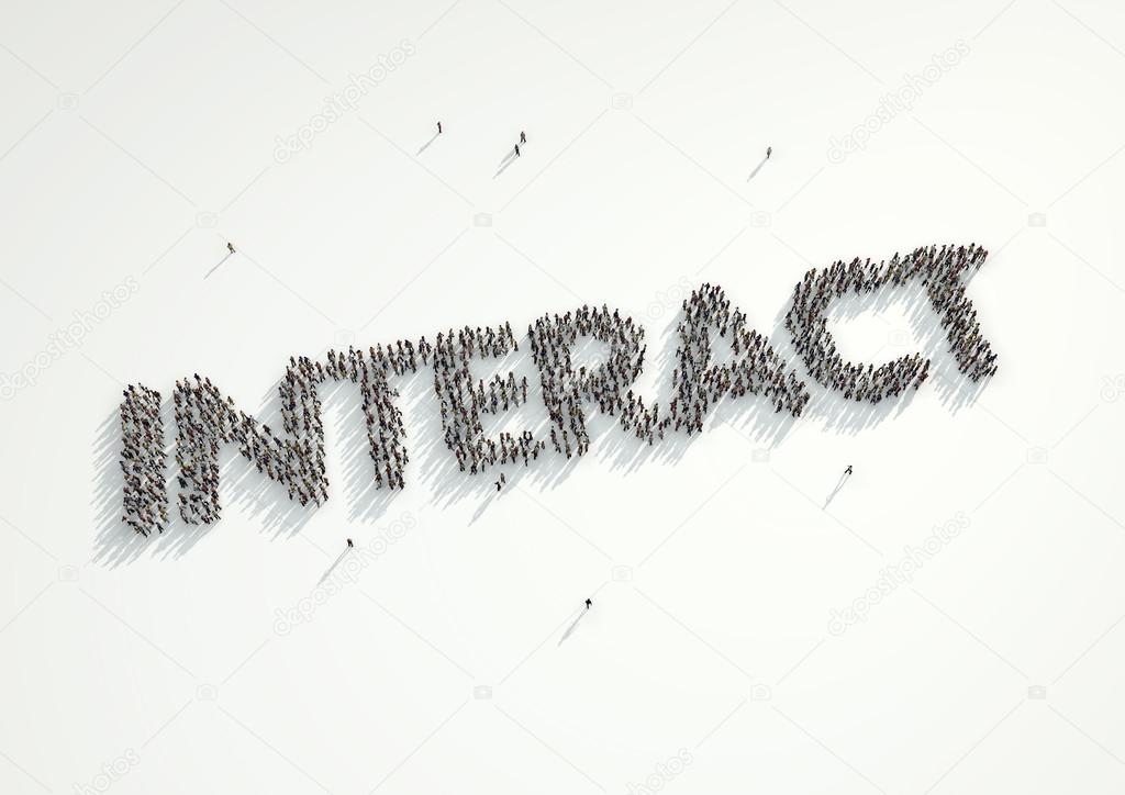 Aerial shot of a crowd of people forming the word 'Interact'. Co