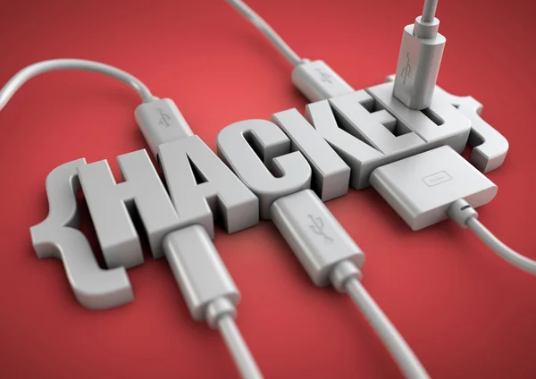 Título hackeado com cabos de dados conectados a ele . — Fotografia de Stock
