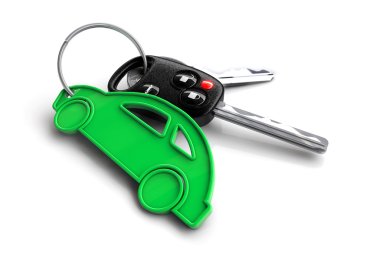 Car keys with green energy passenger vehicle icon as keyring. clipart